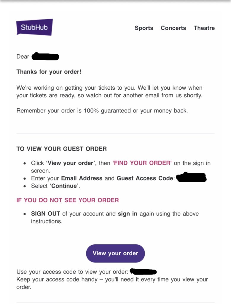 order confirmation mail by stubhub