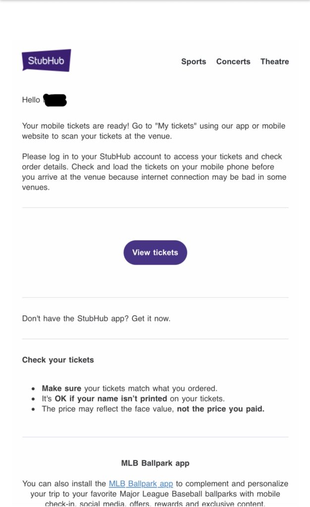 Tickets are ready's email by stubhub