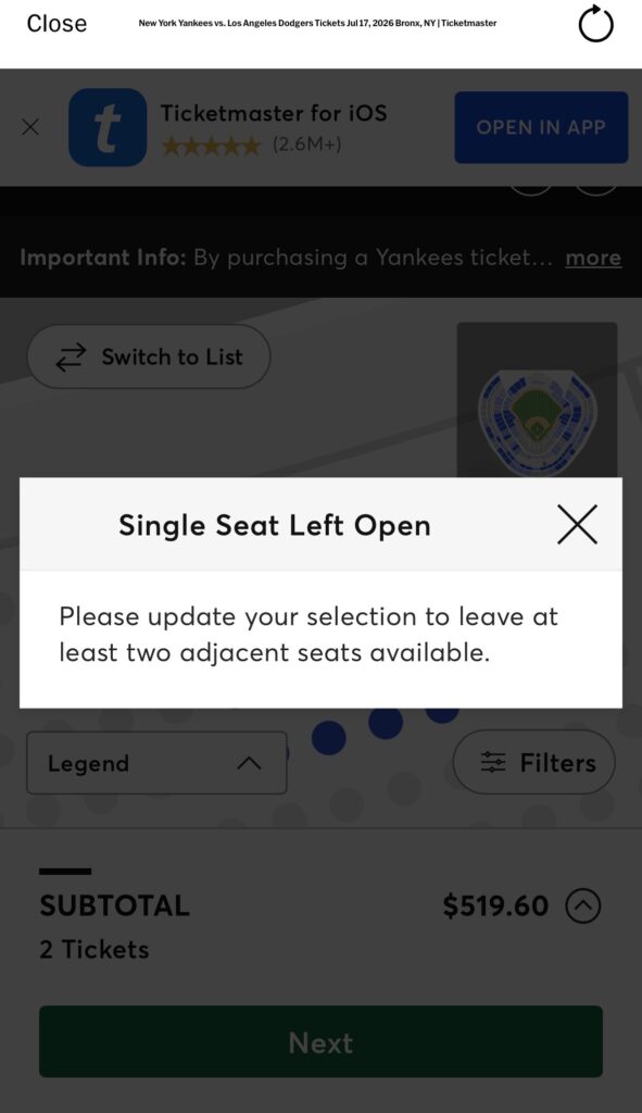 TicketmasterでSingle Seat Left Openと表示されたMLBチケット購入画面